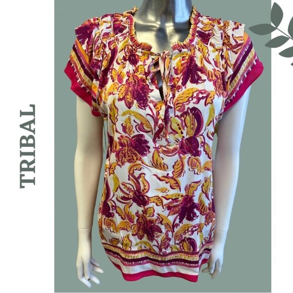 Tribal Border Print Knit Top Ruffle Short Sleeve Pink Yellow White Size XXL - Picture 3 of 9